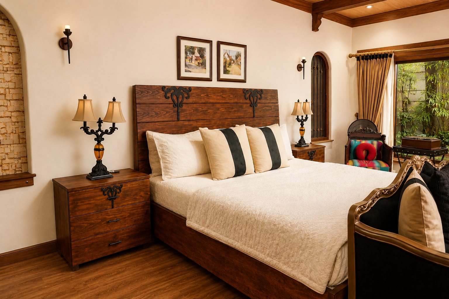 Bedroom with planked headboard, iron detailing and warm lamplight