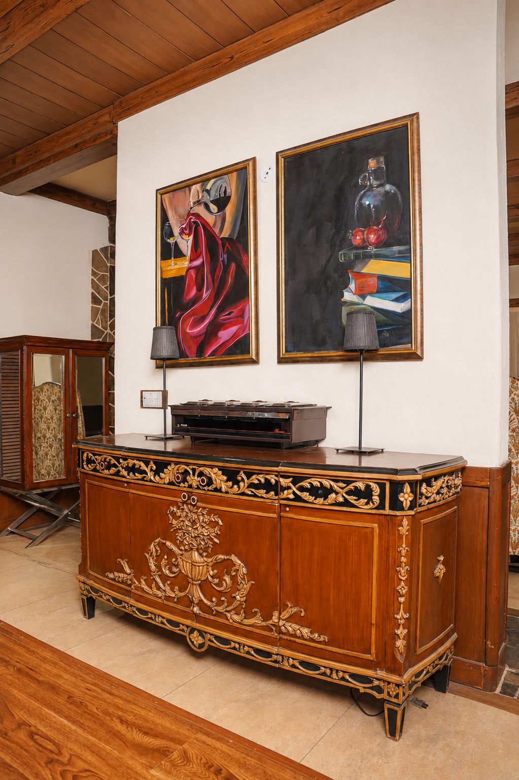 Carved hardwood sideboard with gold detailing