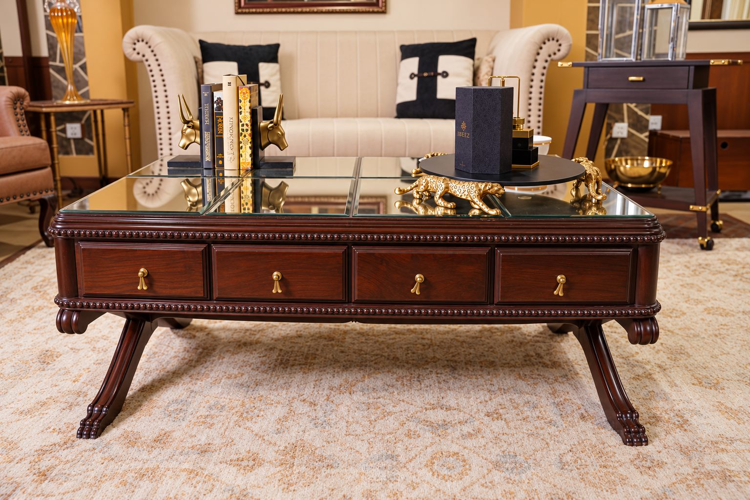 Carved hardwood coffee table with glass top